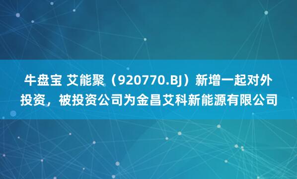 牛盘宝 艾能聚（920770.BJ）新增一起对外投资，被投资公司为金昌艾科新能源有限公司